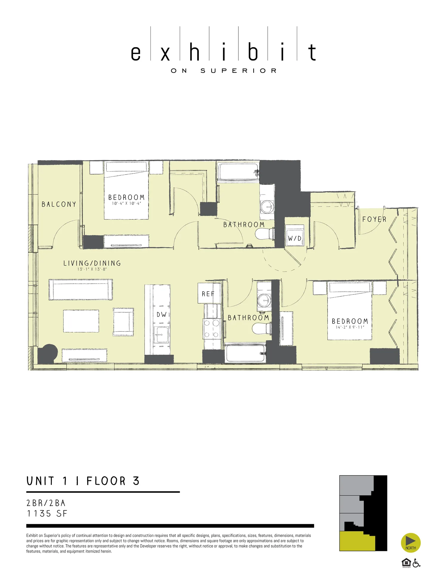 2 Bed / 2 Bath floor plan diagram, 1,135 sq ft, floor 3