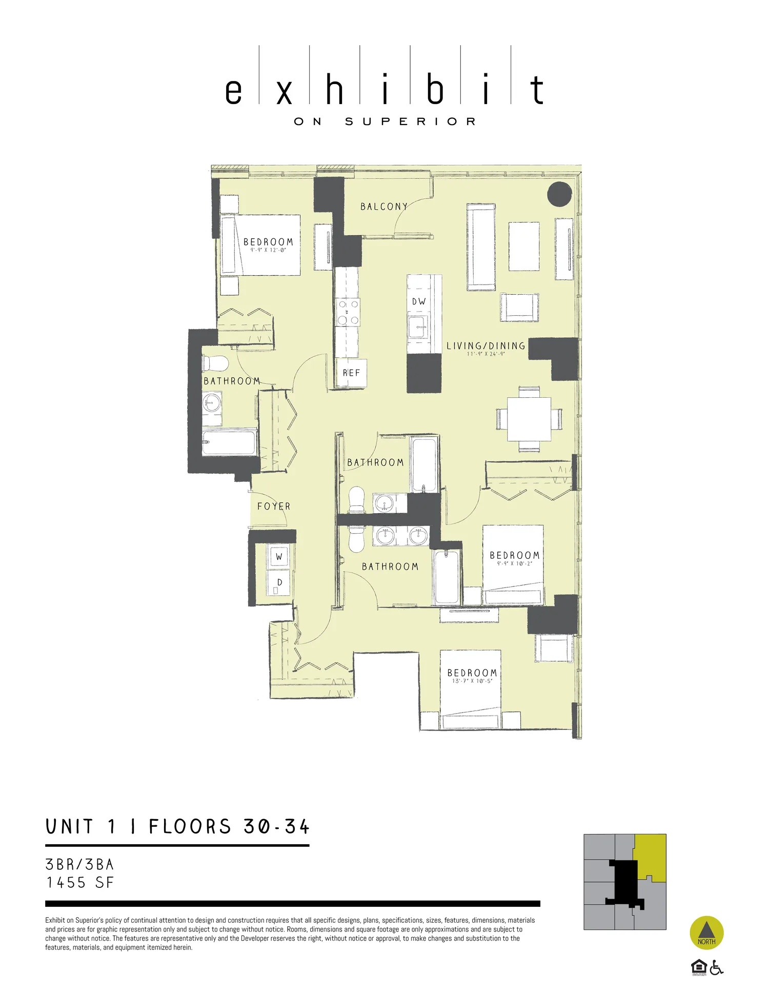 3 Bed / 3 Bath floor plan diagram, 1,455 sq ft, floors 30–34