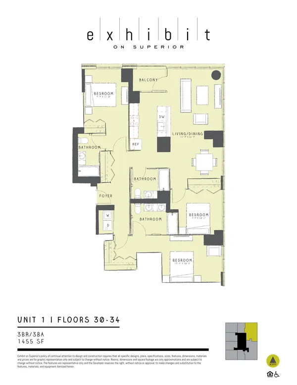 3 Bed / 3 Bath floor plan, Unit 1