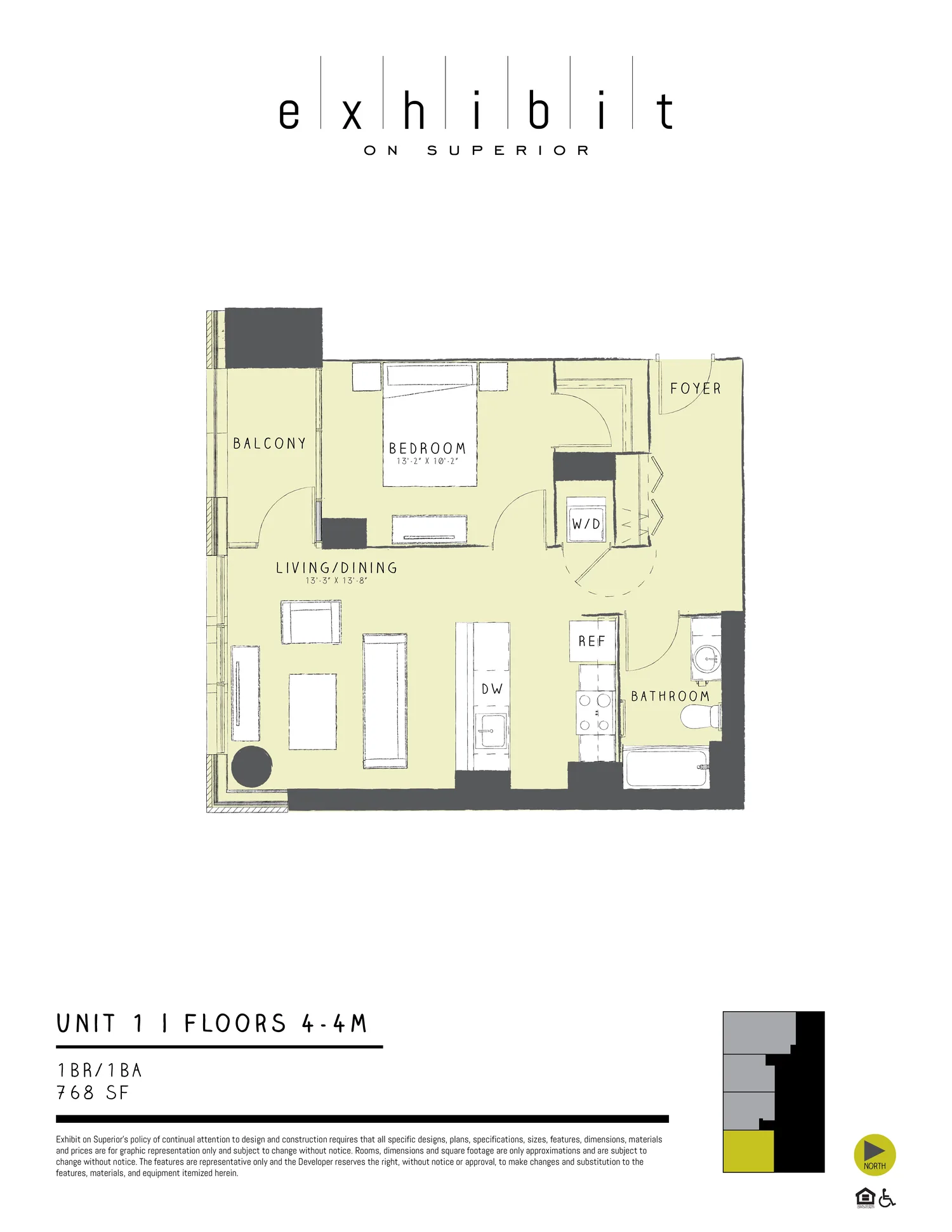 1 Bed / 1 Bath floor plan diagram, 768 sq ft, floors 4–4M