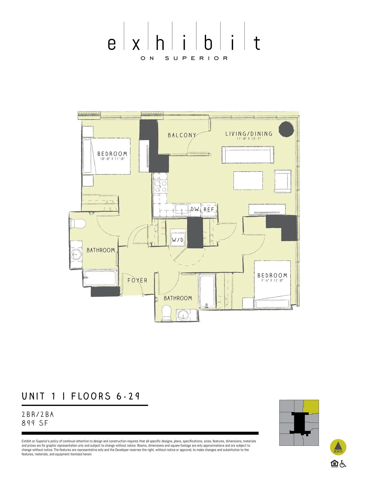 2 Bed / 2 Bath floor plan diagram, 899 sq ft, floors 6–29