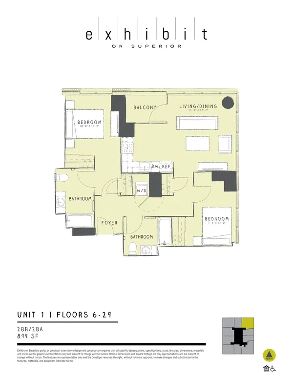 2 Bed / 2 Bath floor plan diagram, 899 sq ft