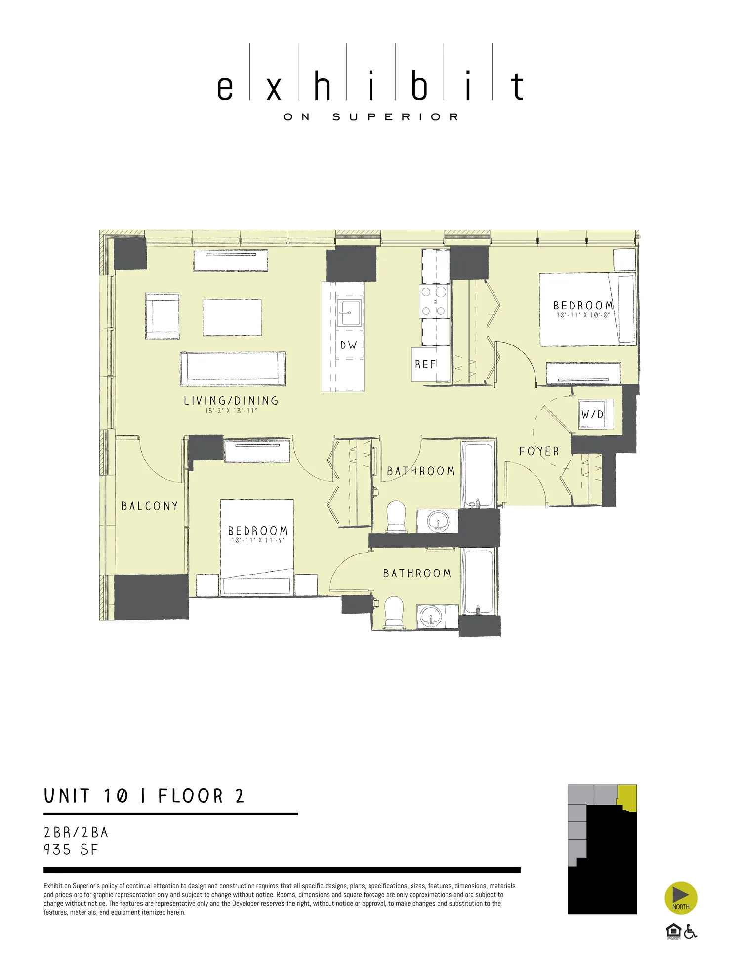 2 Bed / 2 Bath floor plan diagram, 935 sq ft, floor 2