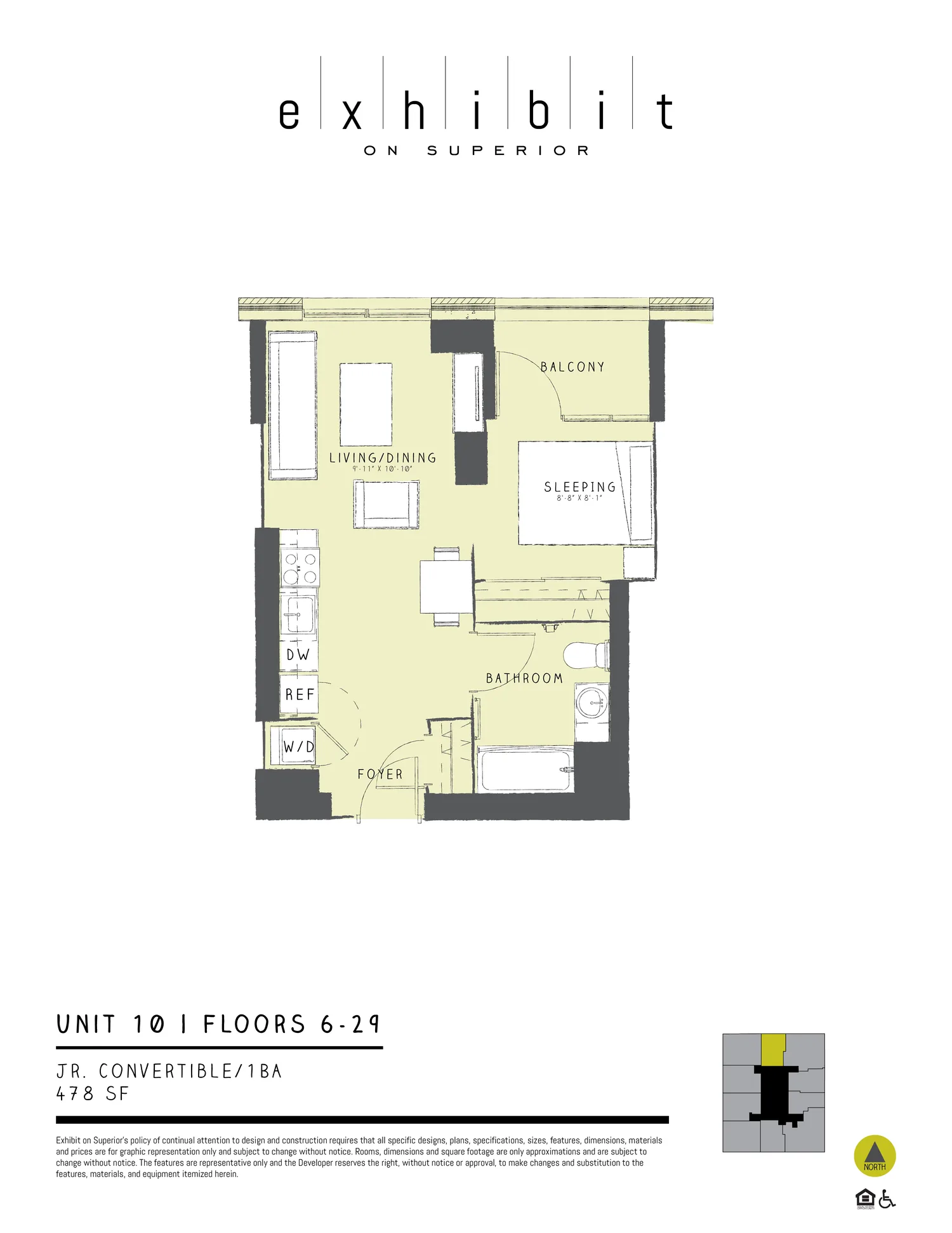 Jr. Convertible floor plan diagram, 478 sq ft, floors 6–29