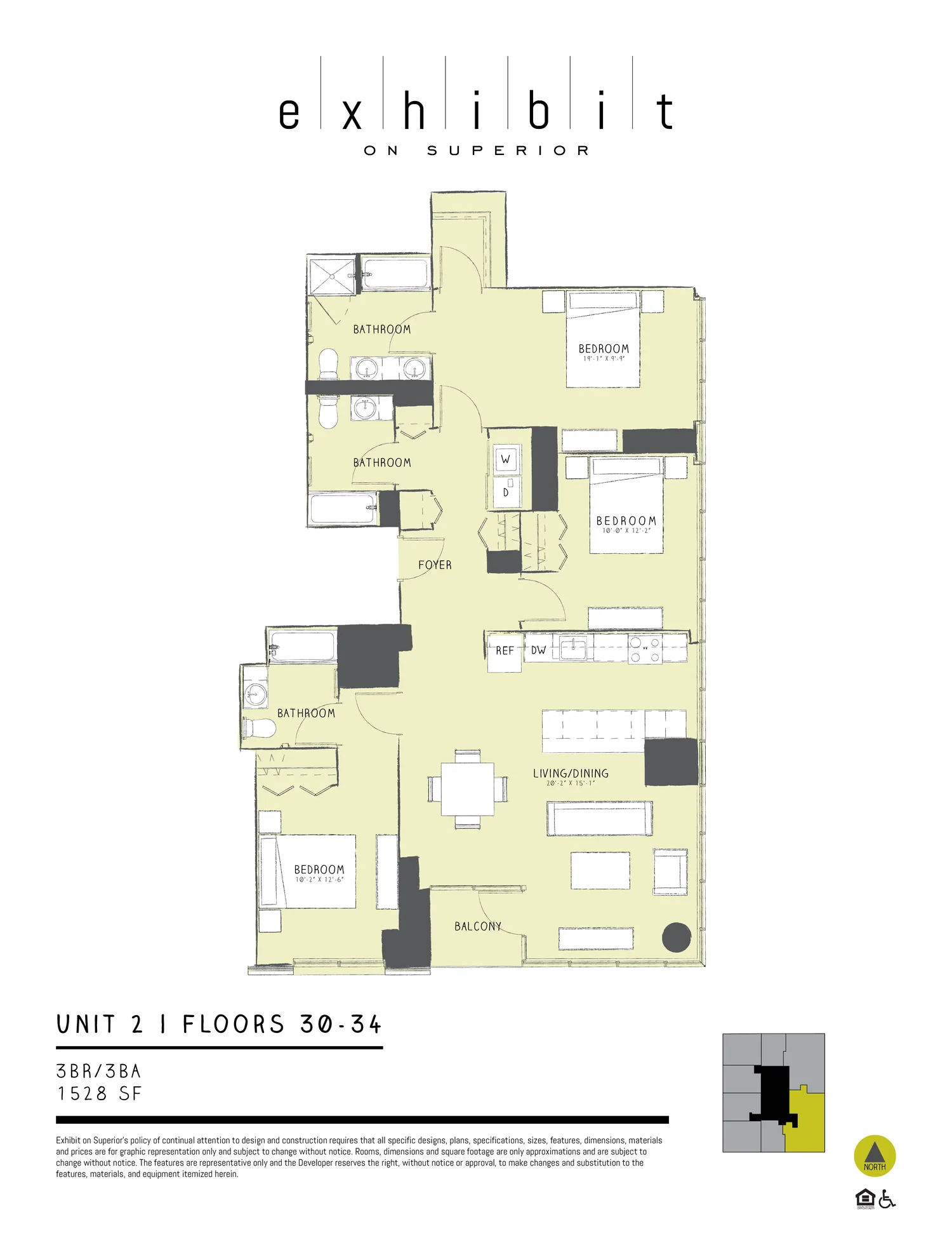 3 Bed / 3 Bath floor plan diagram, 1,528 sq ft, floors 30–34