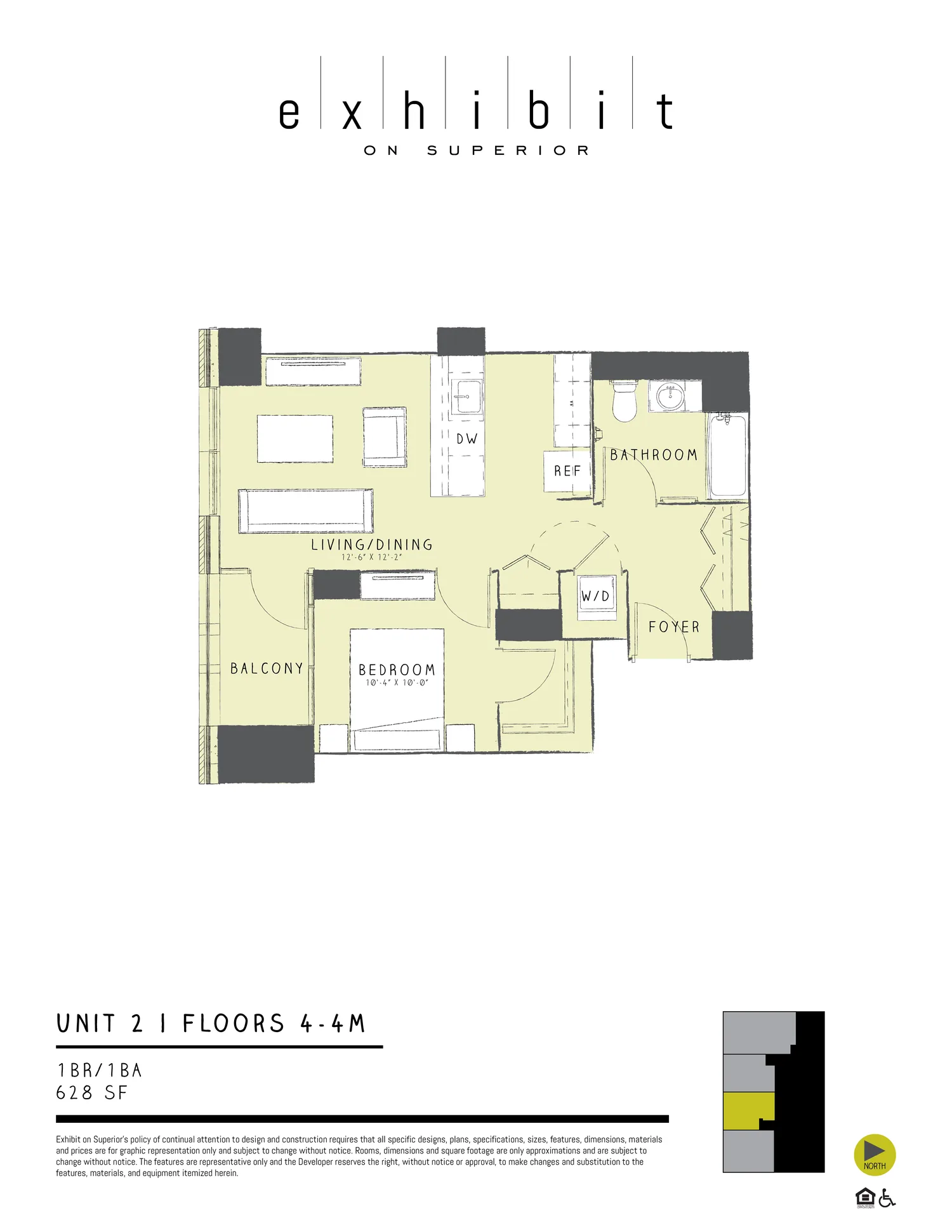 1 Bed / 1 Bath floor plan diagram, 628 sq ft, floors 4–4M