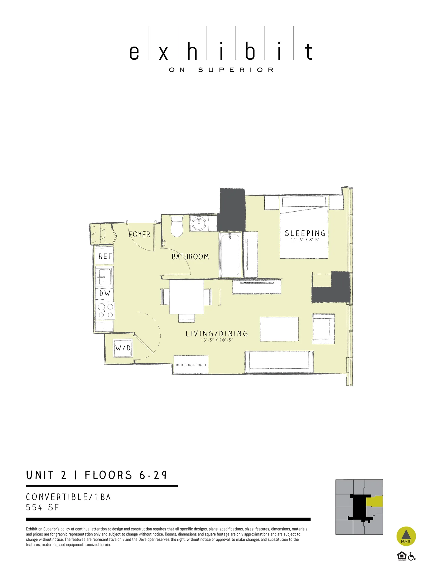Convertible floor plan diagram, 554 sq ft, floors 6–29