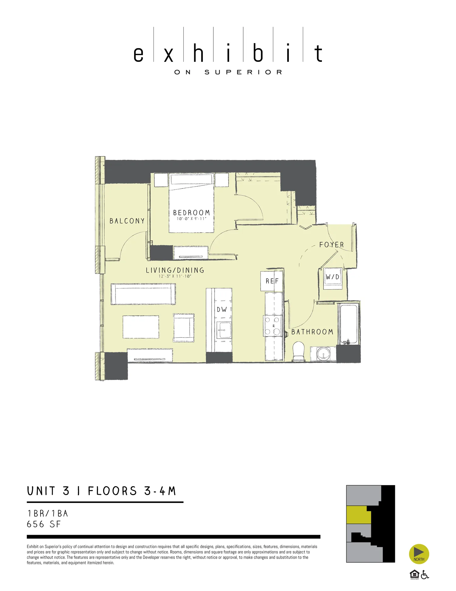1 Bed / 1 Bath floor plan diagram, 656 sq ft, floors 3–4M