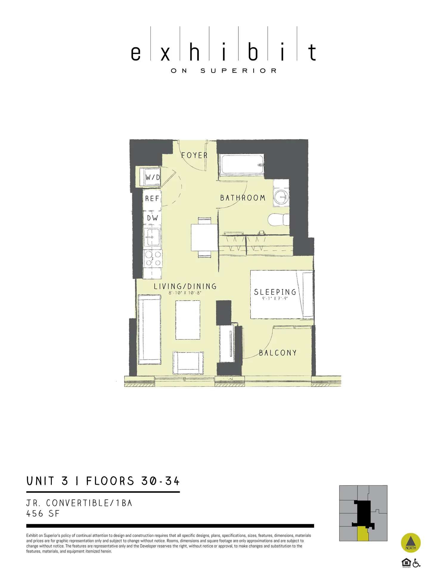 Jr. Convertible floor plan diagram, 456 sq ft, floors 30–34