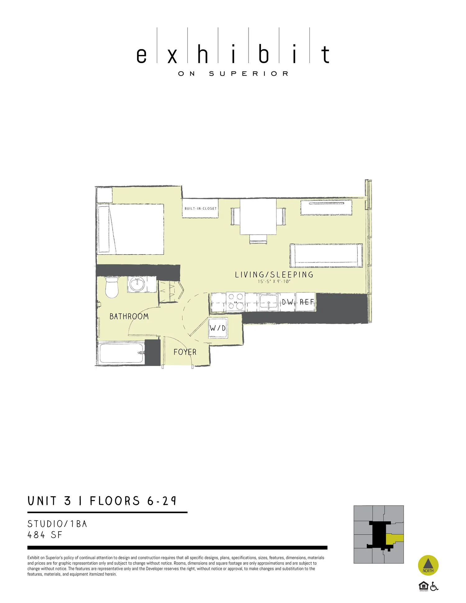 Studio floor plan diagram, 484 sq ft, floors 6–29