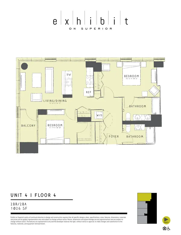 2 Bed / 2 Bath floor plan diagram, 1,026 sq ft