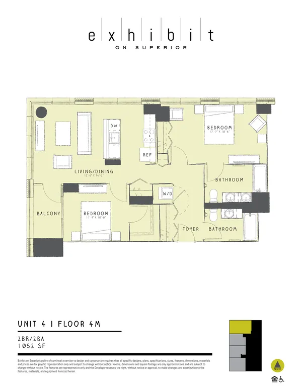 2 Bed / 2 Bath floor plan diagram, 1,052 sq ft