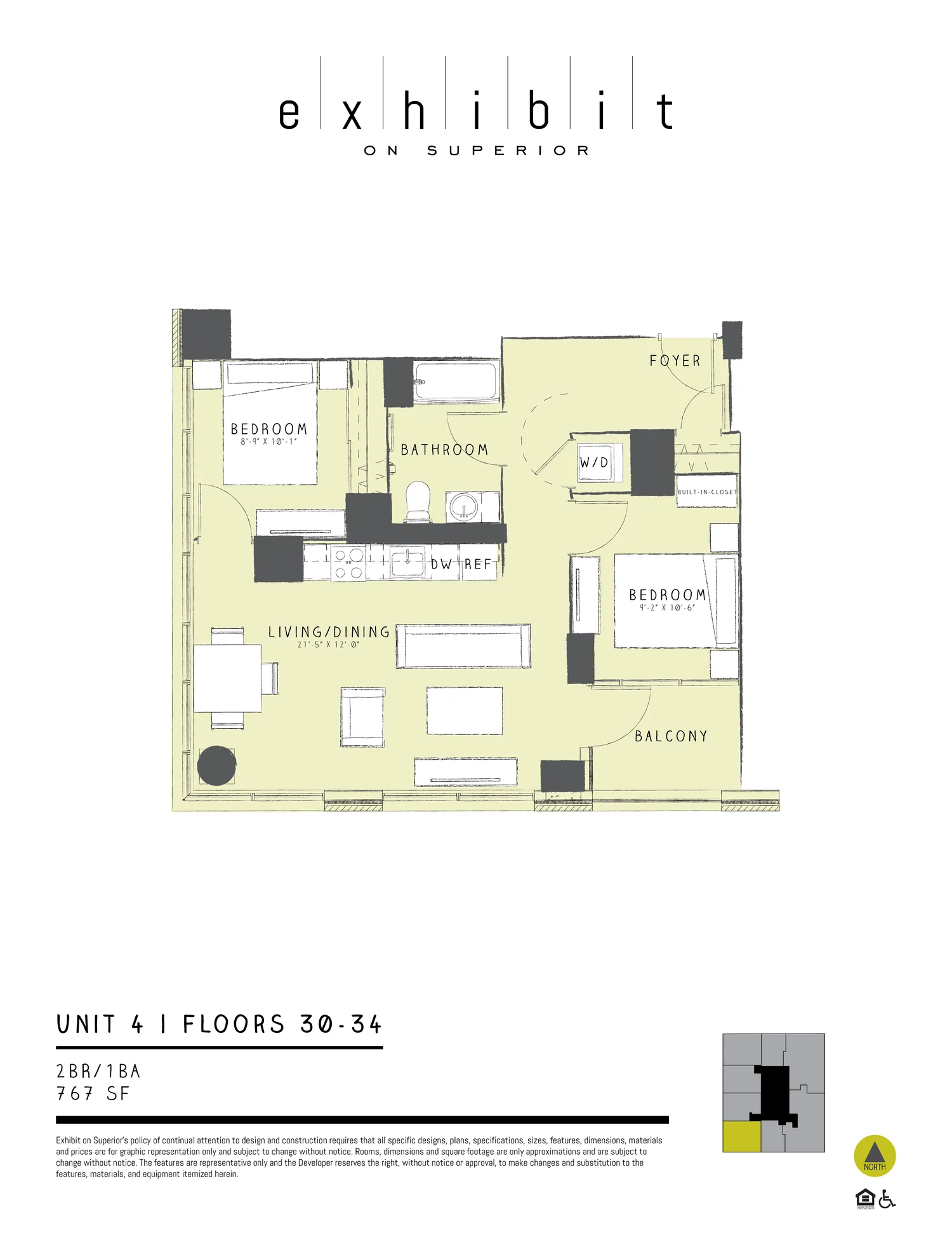 2 Bed / 1 Bath floor plan diagram, 767 sq ft, floors 30–34