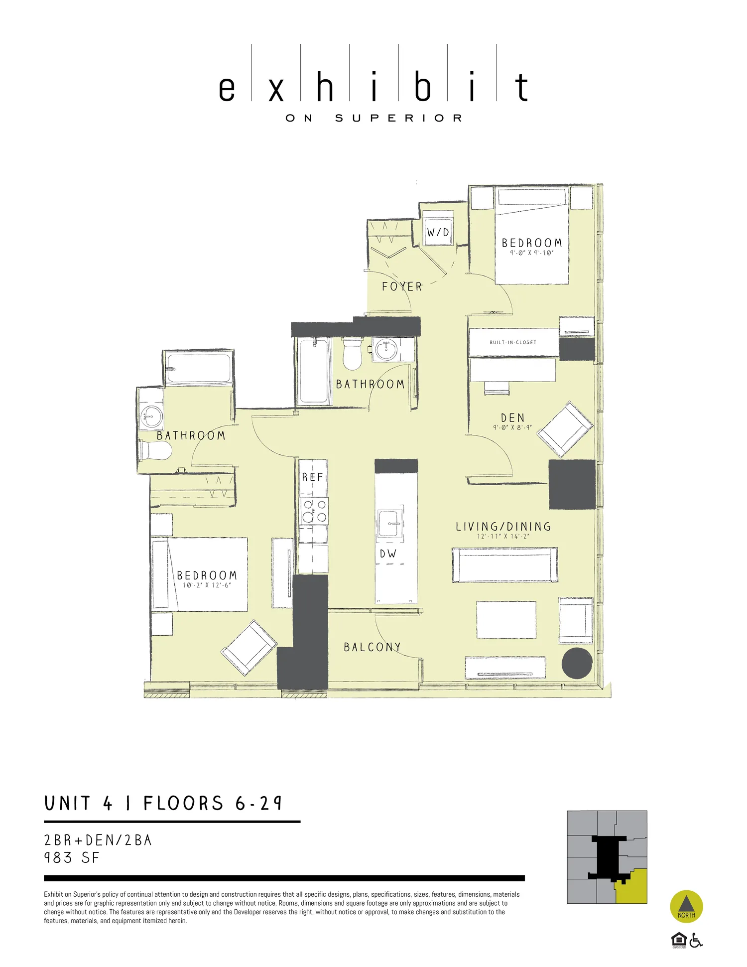 2 Bed + Den / 2 Bath floor plan diagram, 983 sq ft, floors 6–29