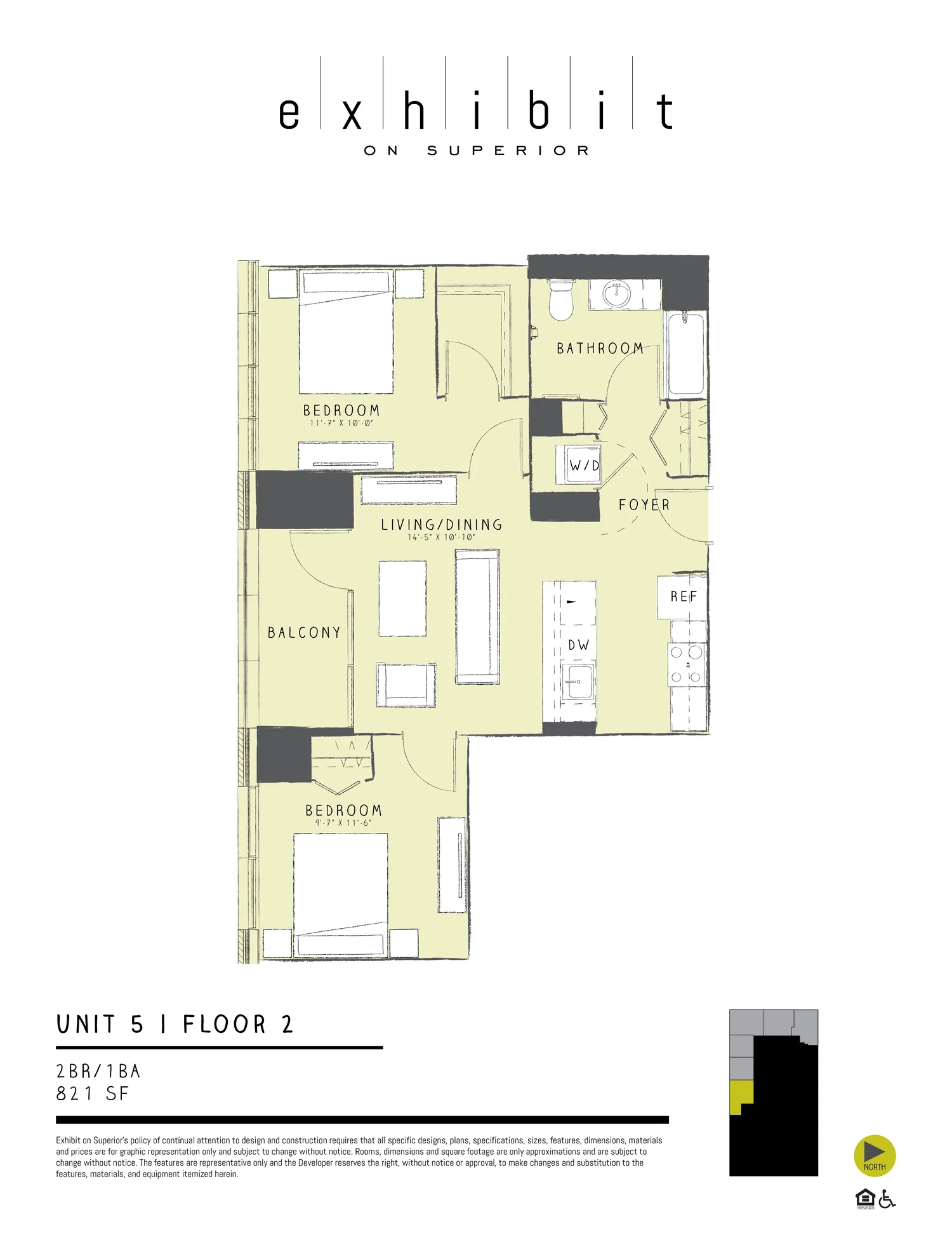 2 Bed / 1 Bath floor plan diagram, 821 sq ft, floor 2