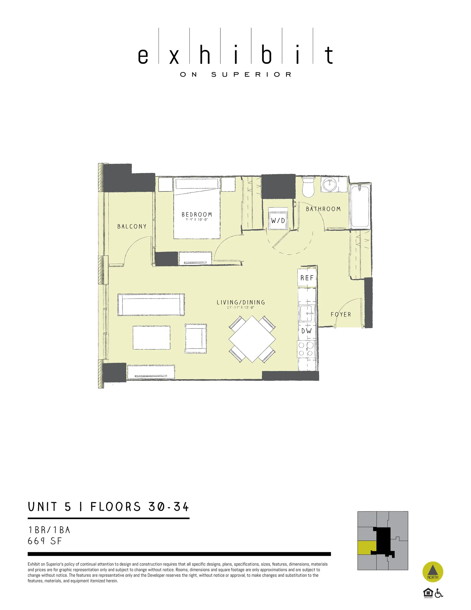 1 Bed / 1 Bath floor plan diagram, 669 sq ft, floors 30–34