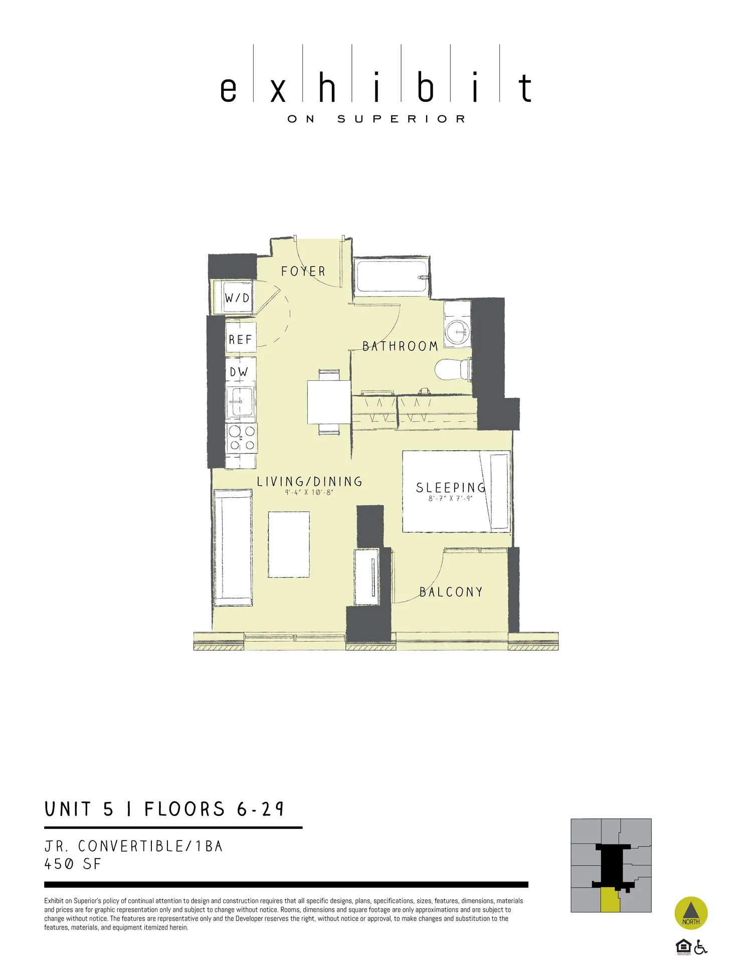 Jr. Convertible floor plan diagram, 450 sq ft, floors 6–29