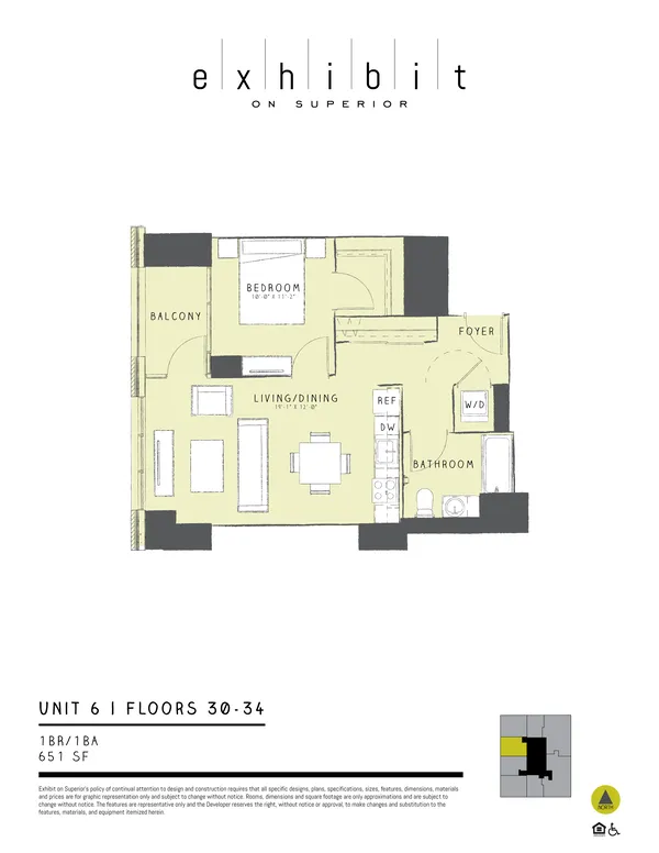 1 Bed / 1 Bath floor plan diagram, 651 sq ft