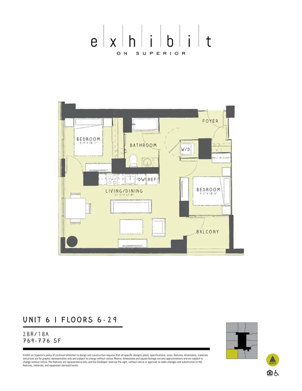 2 Bed / 1 Bath floor plan diagram, 769–776 sq ft
