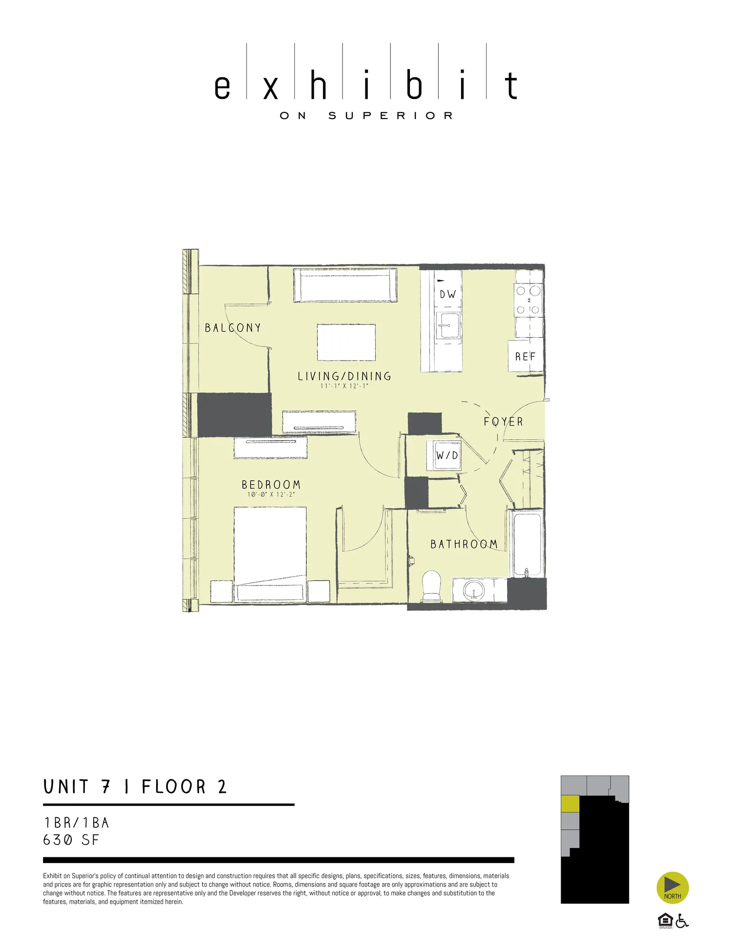 1 Bed / 1 Bath floor plan diagram, 630 sq ft, floor 2
