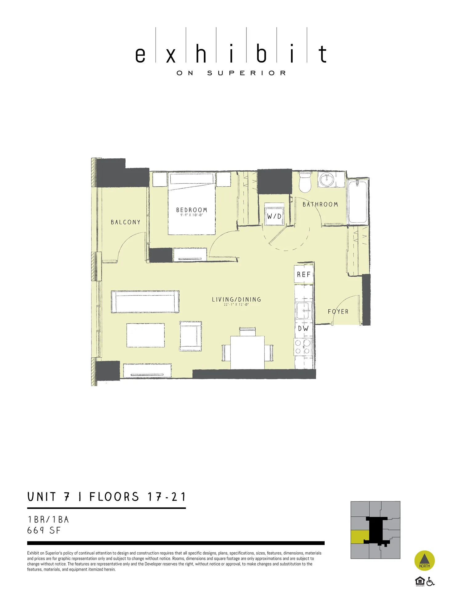 1 Bed / 1 Bath floor plan diagram, 669 sq ft, floors 17–21
