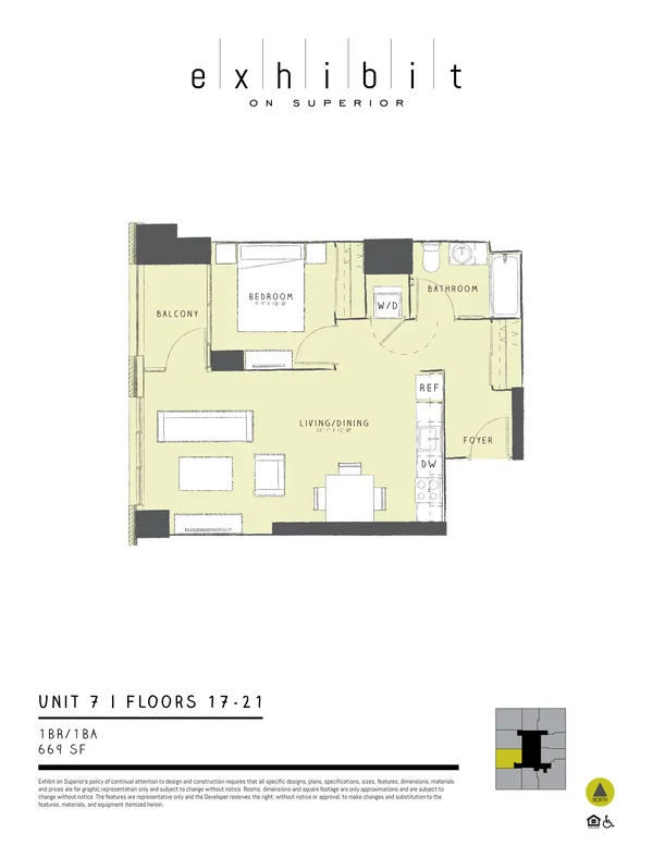 1 Bed / 1 Bath floor plan diagram, 669 sq ft