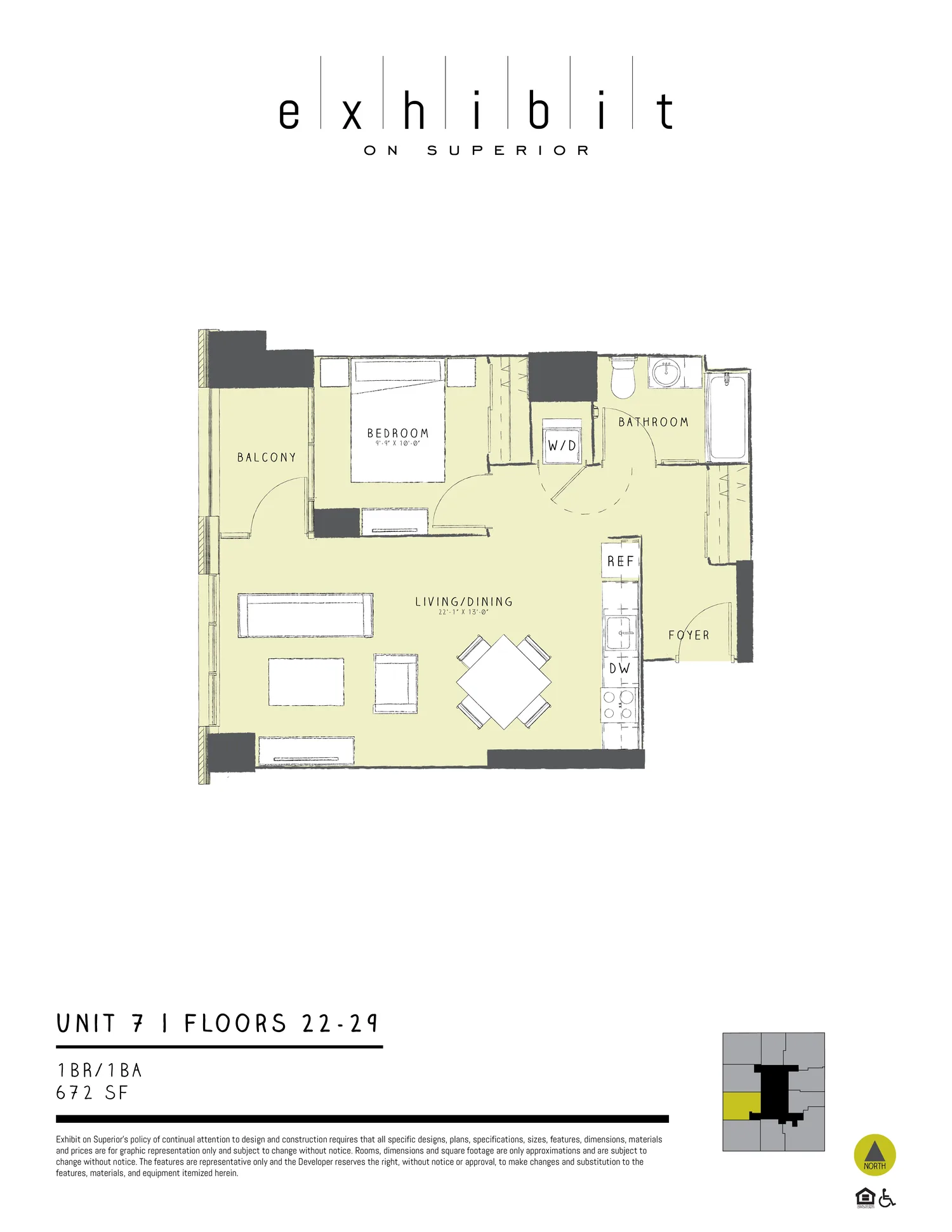 1 Bed / 1 Bath floor plan diagram, 672 sq ft, floors 22–29