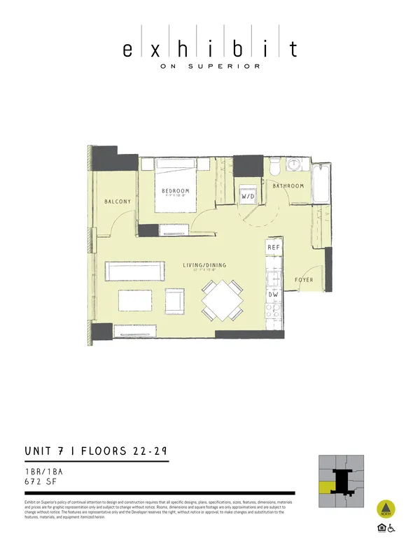 1 Bed / 1 Bath floor plan diagram, 672 sq ft