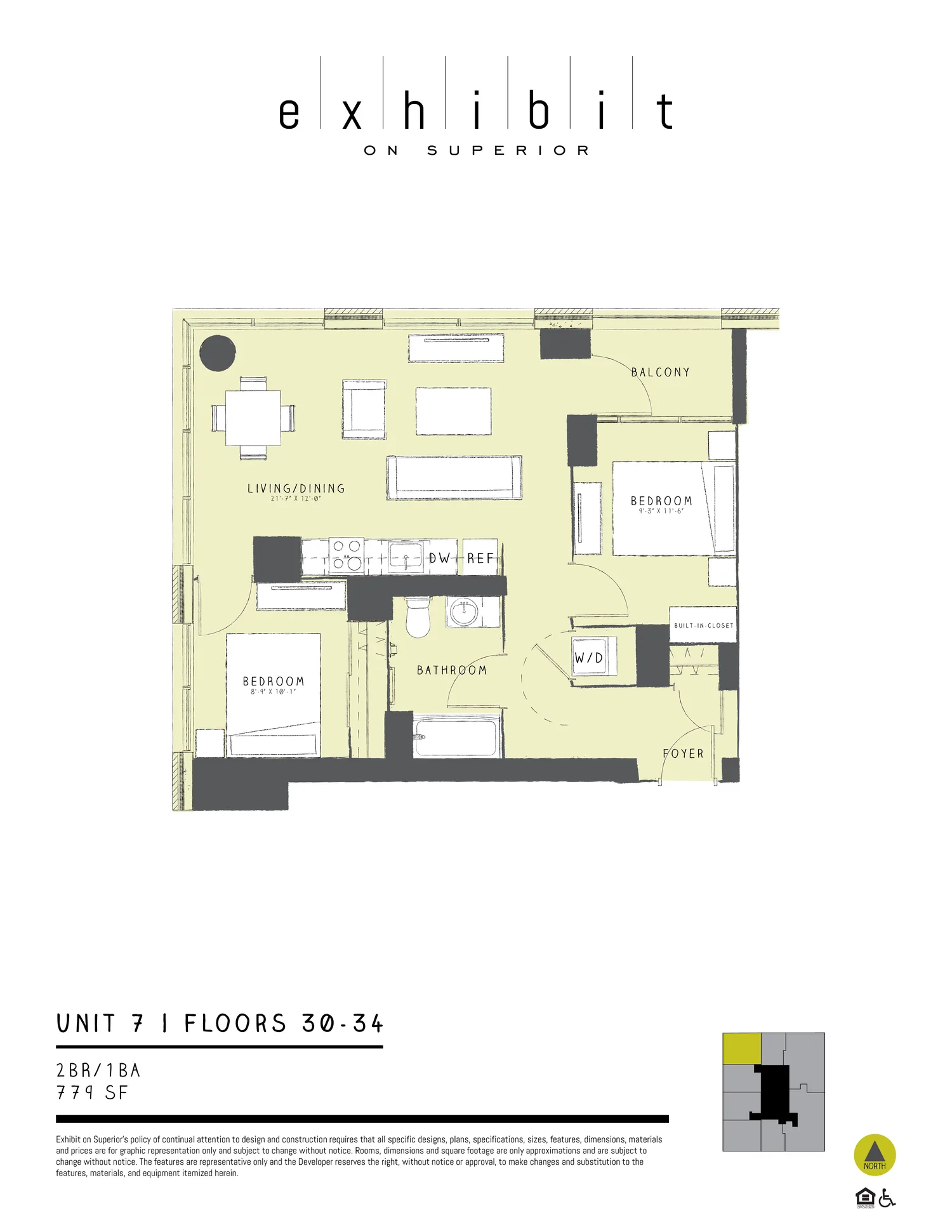 2 Bed / 1 Bath floor plan diagram, 779 sq ft, floors 30–34