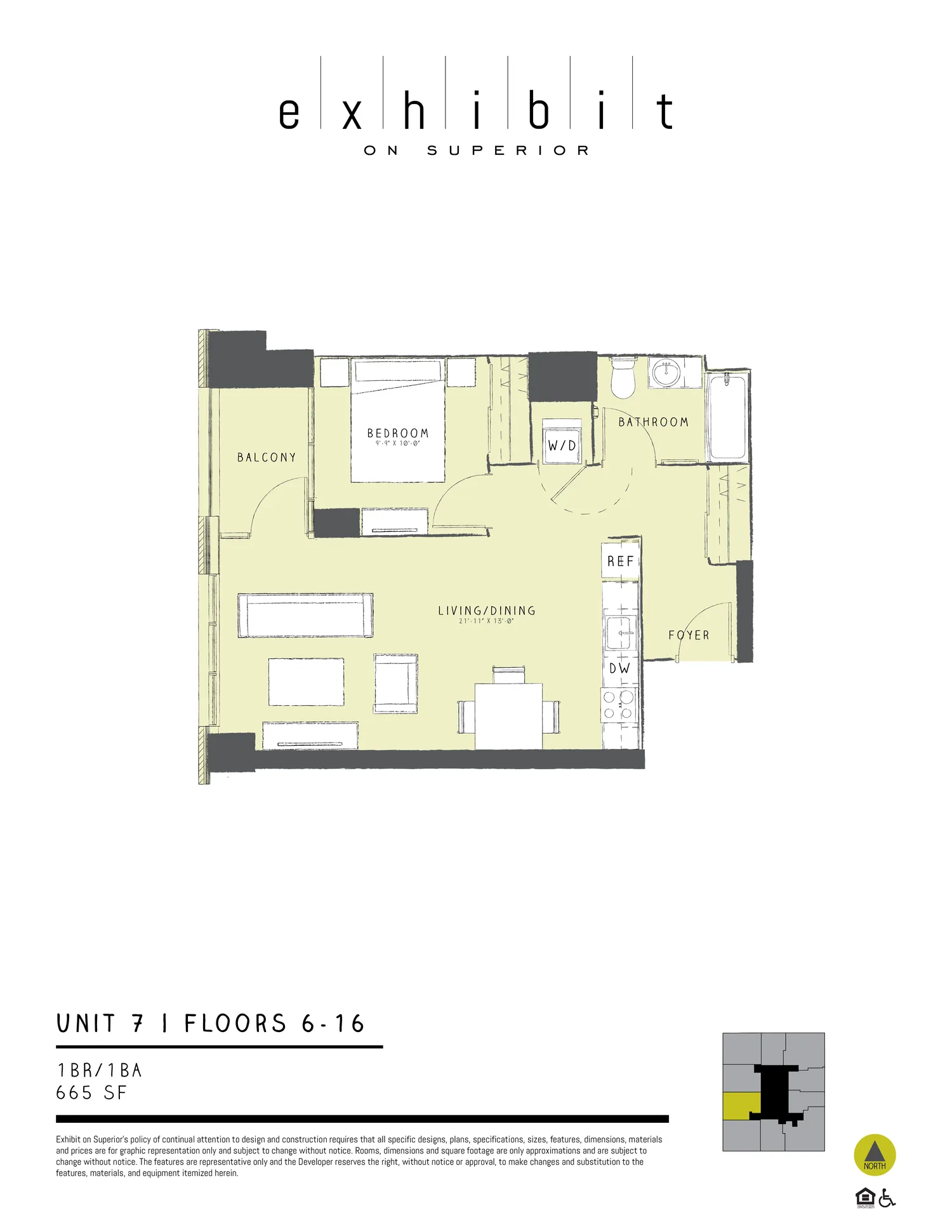 1 Bed / 1 Bath floor plan diagram, 665 sq ft, floors 6–16