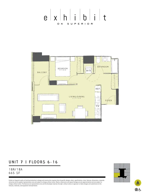 1 Bed / 1 Bath floor plan diagram, 665 sq ft