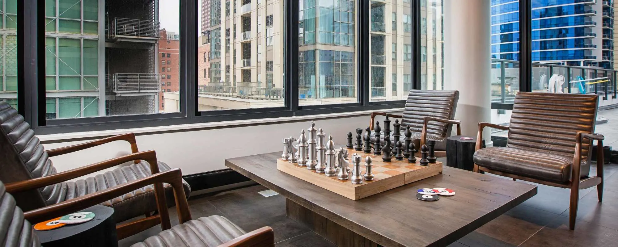 Chess board in the lounge at Exhibit On Superior in Chicago, Illinois