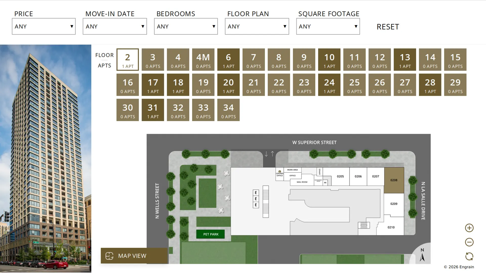 Interactive SightMap of Exhibit On Superior showing the floor-by-floor apartment availability map with price, move-in date, and bedroom filters